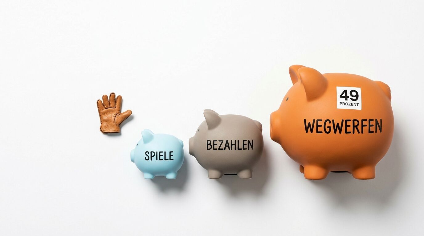 Drei Sparschweine (Spiele, Bezahlen, Wegwerfen) und ein Mini-Lederhandschuh auf Weiß