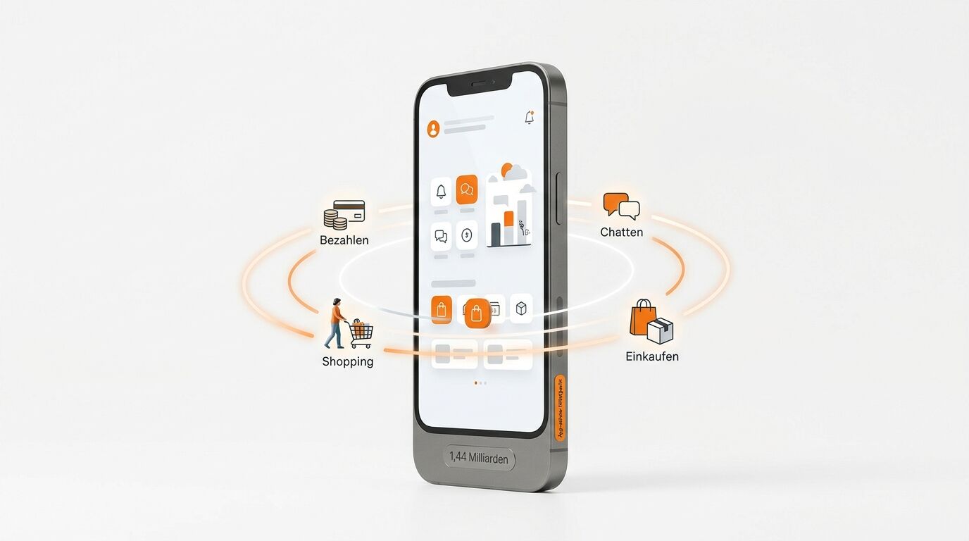 Smartphone-Illustration mit Icons für Shopping, Bezahlen und Chatten, kreisend um das Gerät