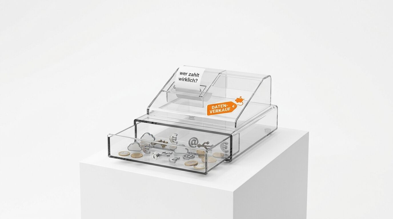 Transparente Kasse aus Acrylglas mit Münzen, digitalen Symbolen und „DATENVERKAUF“-Schild