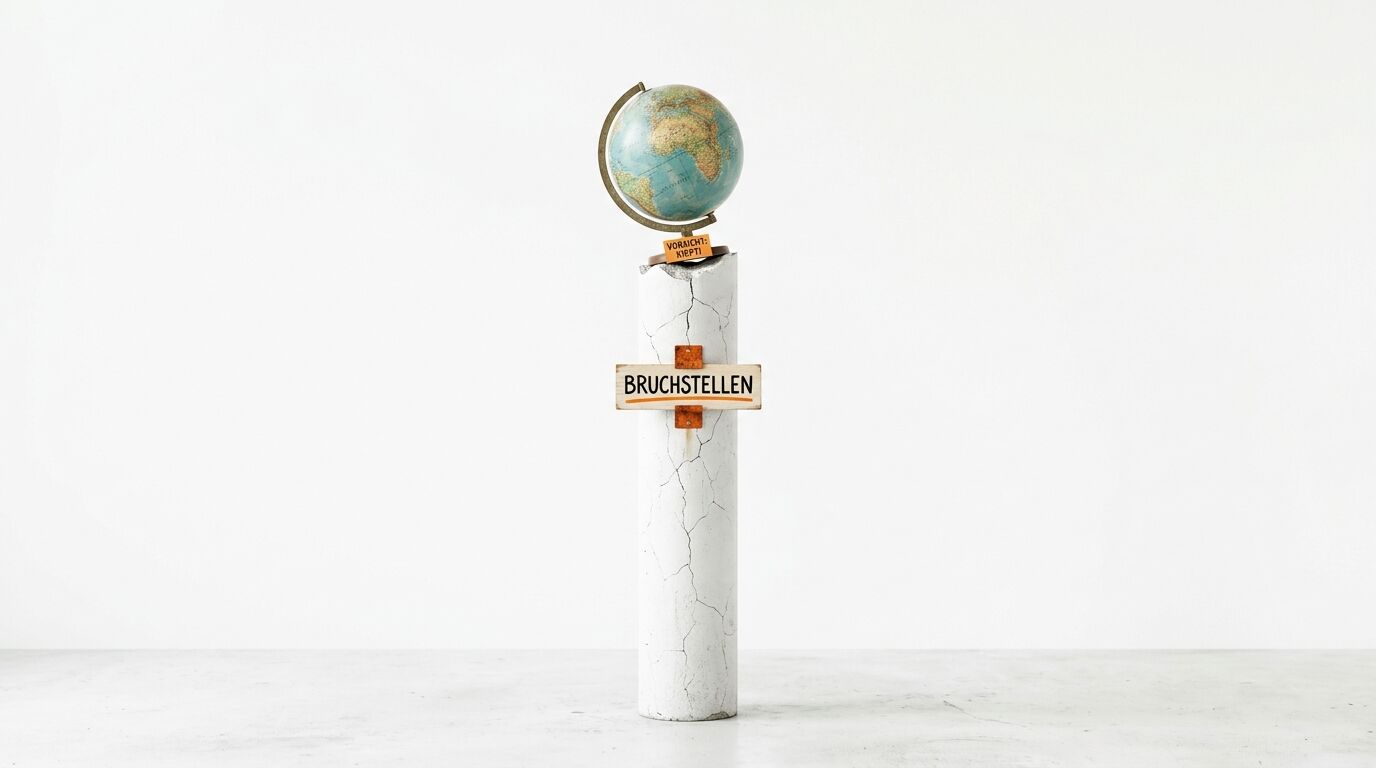 Ein schiefer Globus balanciert auf einer Betonsäule mit einem Schild „BRUCHSTELLEN“