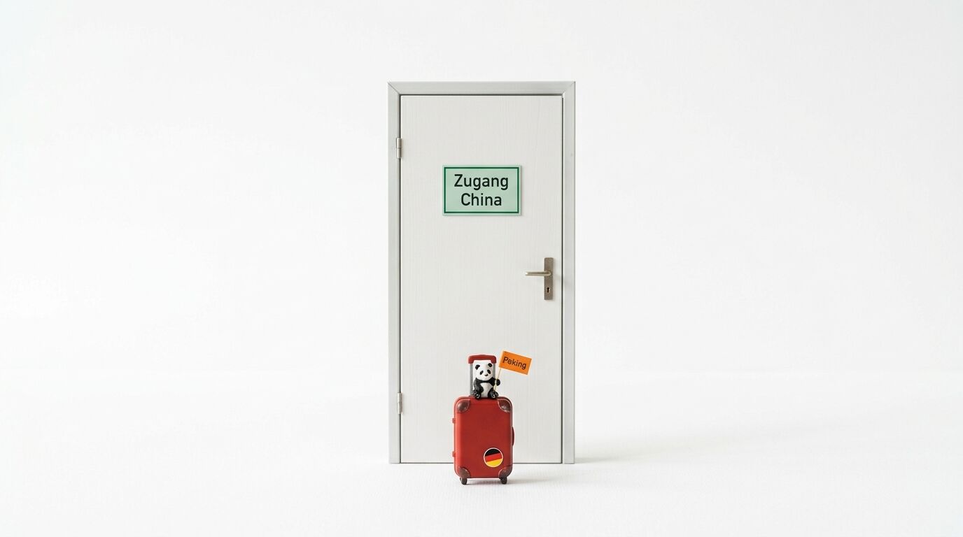 Panda-Figur auf Koffer vor Tür mit Schild „Zugang China“