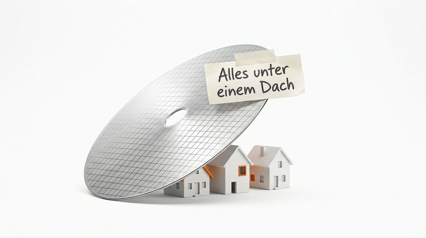 Ein Wafer bedeckt Modellhäuser; daran klebt der Text