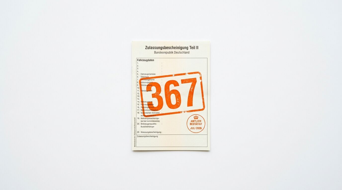 Deutsche Zulassungsbescheinigung Teil II mit großem, orangefarbenem Stempel „367“ im Zentrum