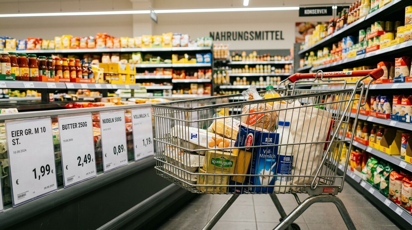 Ein gefüllter Einkaufswagen steht in einem Supermarkt-Gang vor einem Kühlregal