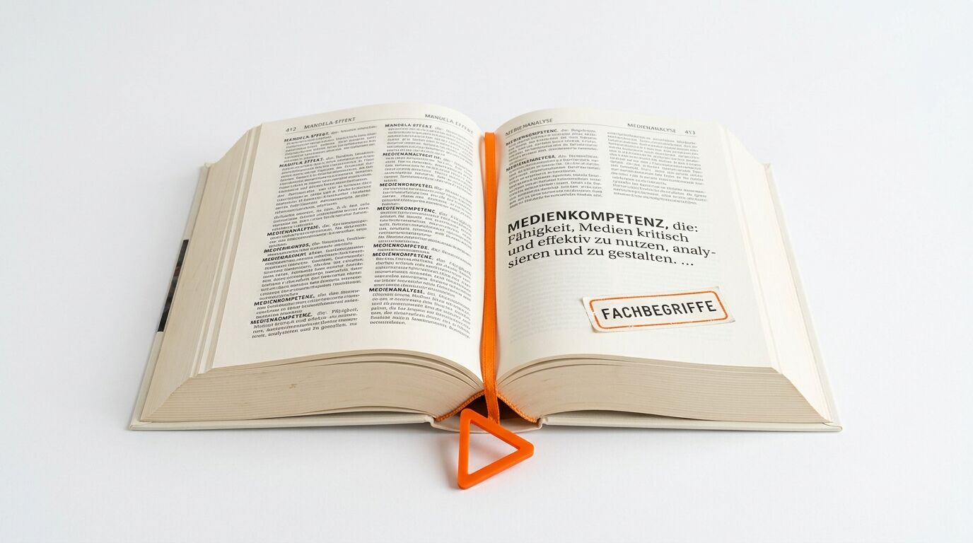 Ein offenes Buch mit orangefarbenem Leseband und dem Begriff „Medienkompetenz“