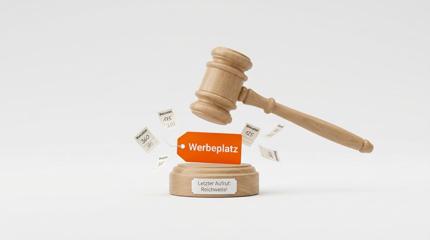 Holzhammer über orangefarbenem Schild