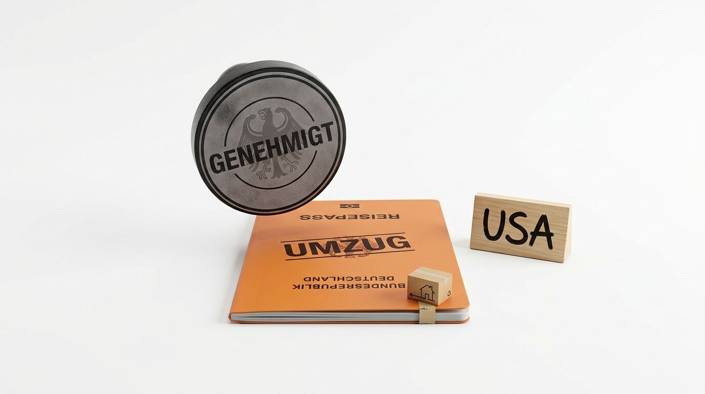 Reisepass „Umzug Deutschland“, Stempel „Genehmigt“, Holzklotz „USA“ und Karton auf weißem Grund