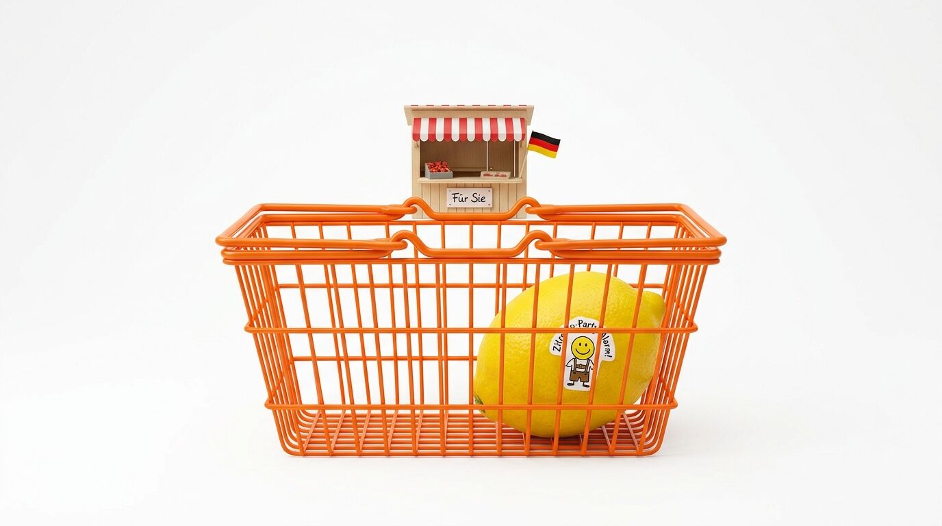Orangefarbener Korb mit Zitrone und Miniaturmarktstand auf weißem Hintergrund