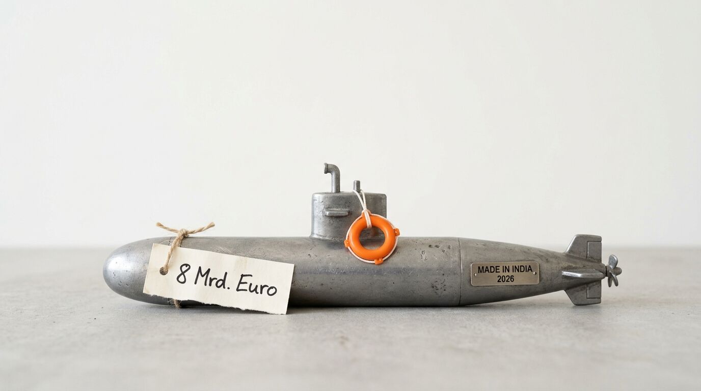 Ein Modell-U-Boot aus Metall mit Rettungsring und zwei Etiketten auf einer grauen Fläche