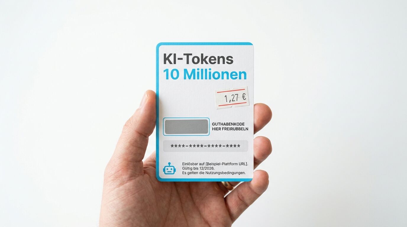 Eine Hand hält eine weiße Karte für 10 Millionen KI-Tokens zum Preis von 1,27 Euro