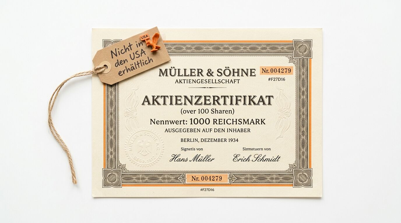 Aktienzertifikat der Müller & Söhne AG von 1934 mit einem angehängten Etikett