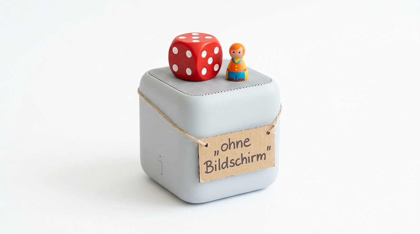 Toniebox-ähnliche Box mit rotem Würfel, Spielfigur und Schild „ohne Bildschirm“ vor weiß