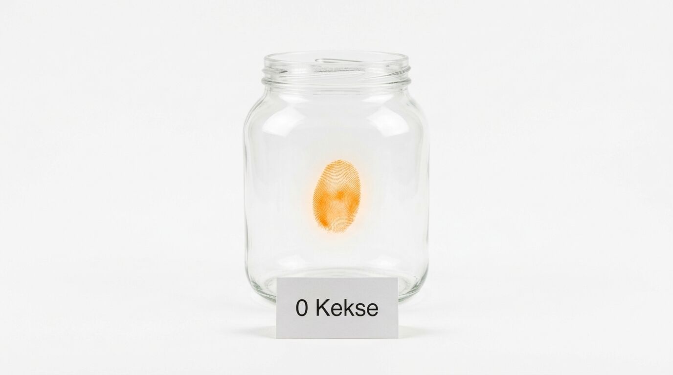 Leeres Glasgefäß vor weißem Hintergrund mit orangem Fingerabdruck und Schild „0 Kekse“