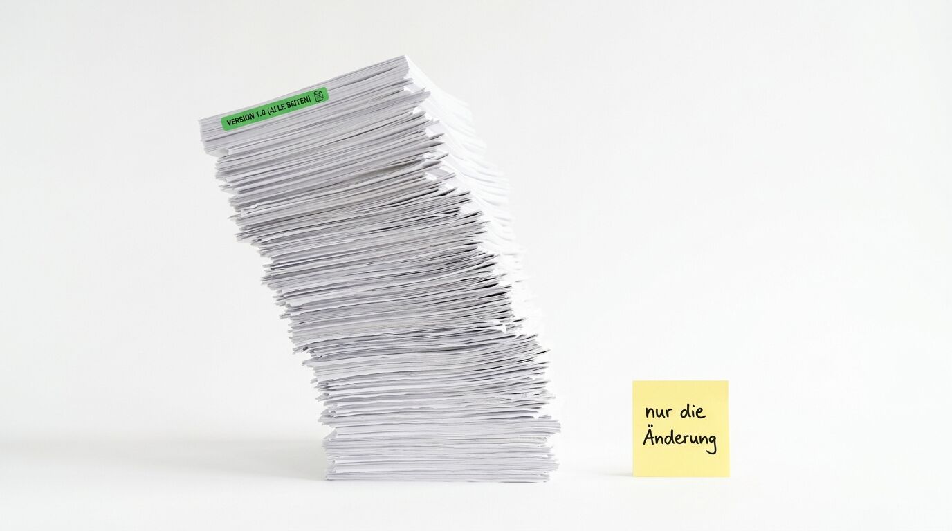 Ein Stapel Papier (Version 1.0) neben einer Notiz („nur die Änderung“)