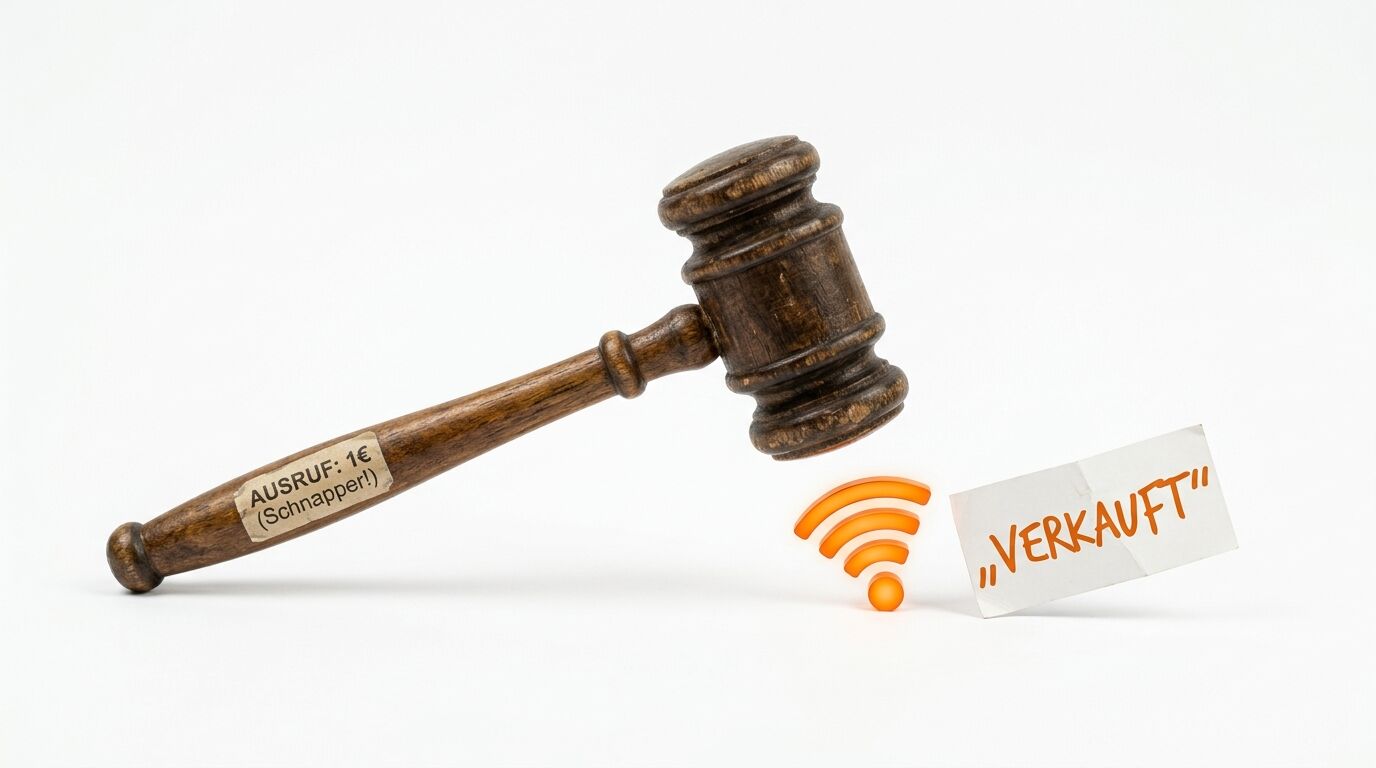 Auktionshammer, WLAN-Symbol und ein Zettel mit der Aufschrift „VERKAUFT“