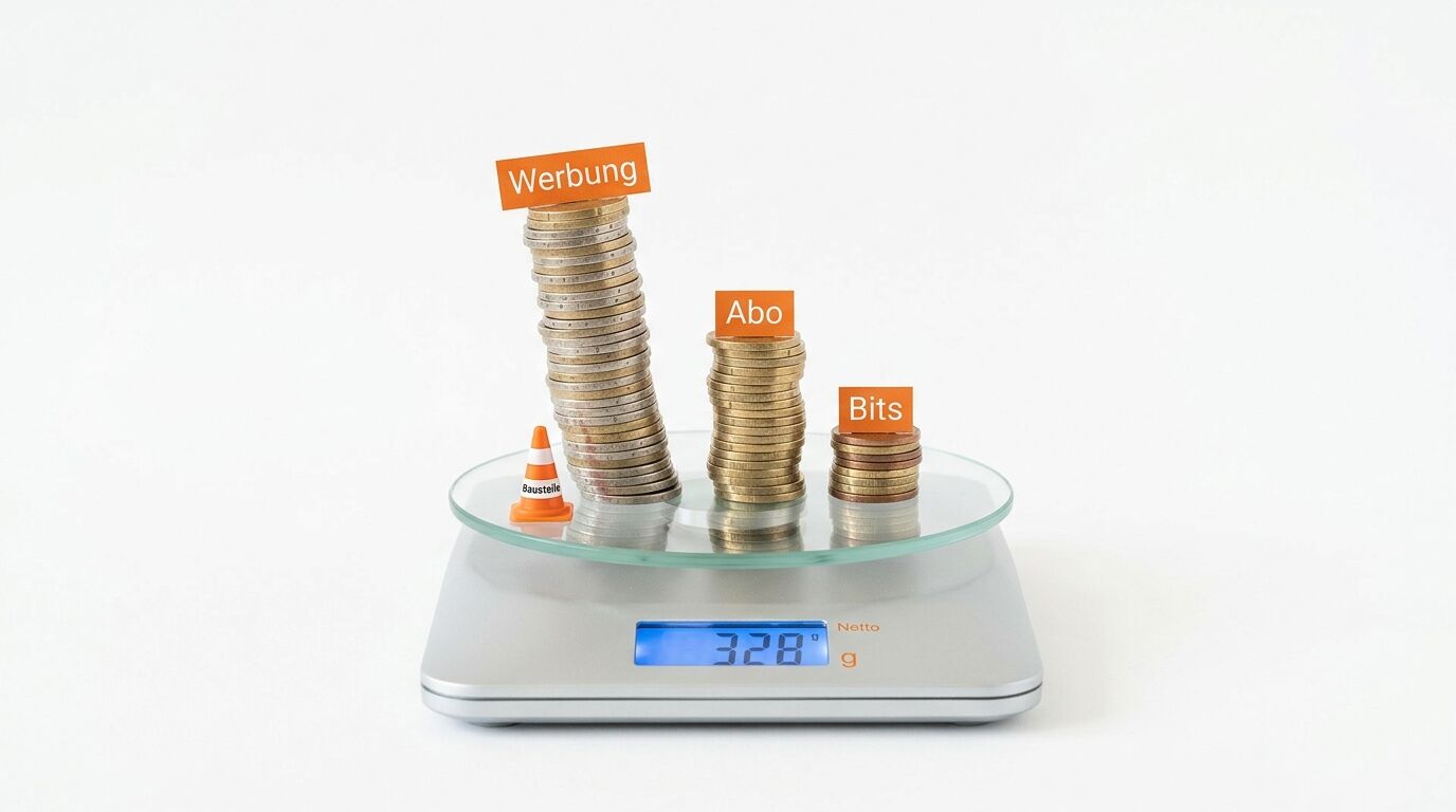 Küchenwaage zeigt 328g mit Geldstapeln (Werbung, Abo, Bits) und Hütchen (Baustelle)