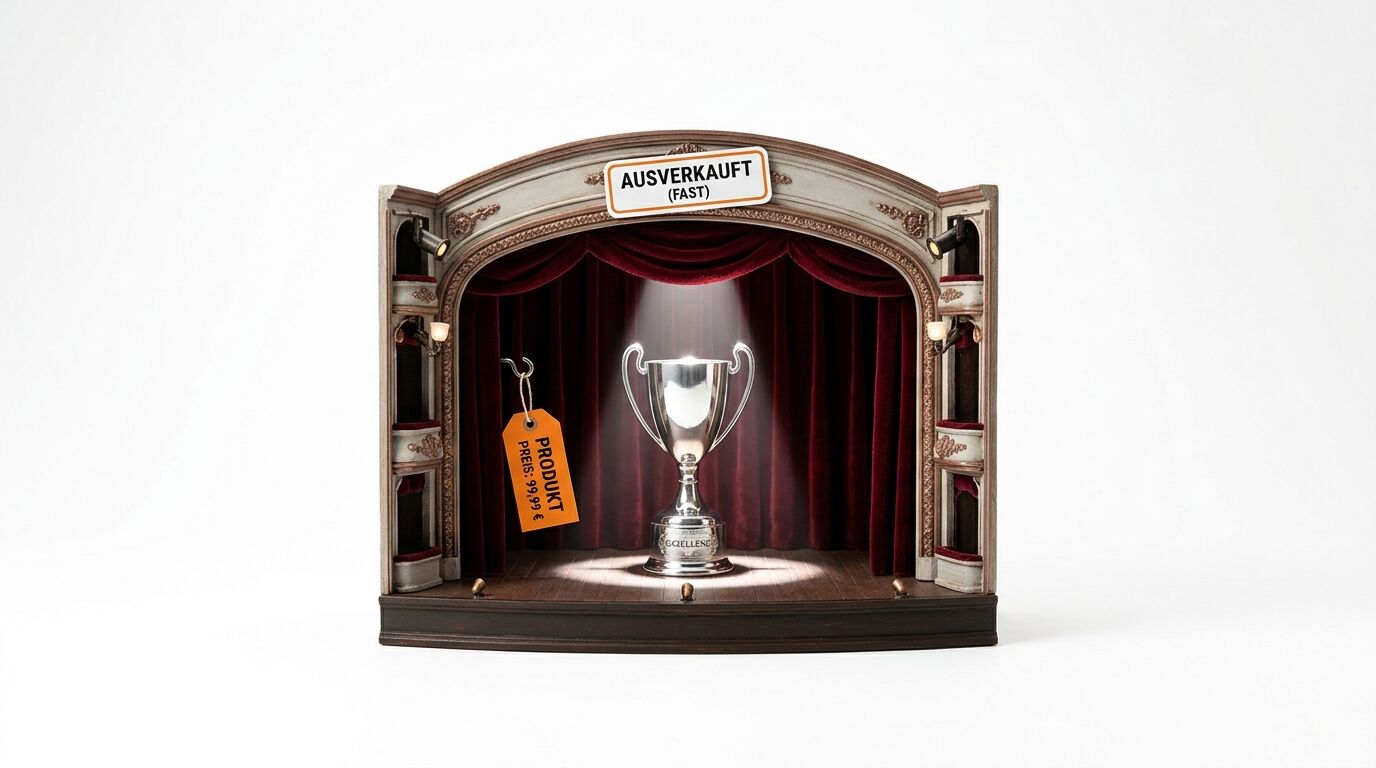 Miniatur-Theaterbühne mit Pokal, Preisschild und „AUSVERKAUFT“-Schild auf weißem Hintergrund