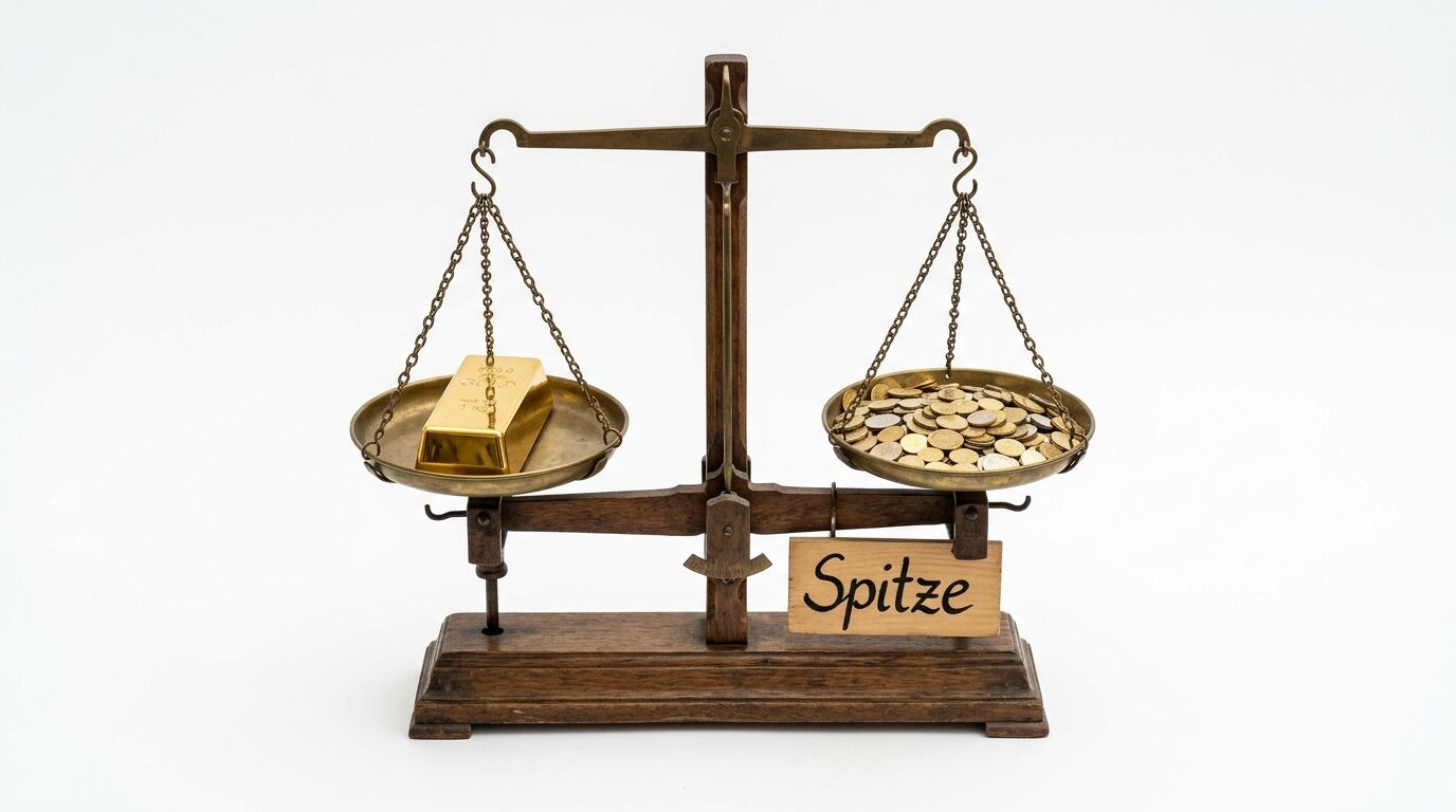 Eine Holzwage mit einem Goldbarren links und vielen Münzen rechts, mit einem Schild „Spitze“