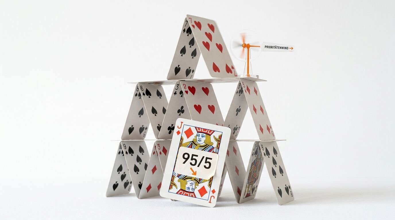 Kartenhaus mit Windrad und Jokerkarte „95/5“ vor weißem Hintergrund