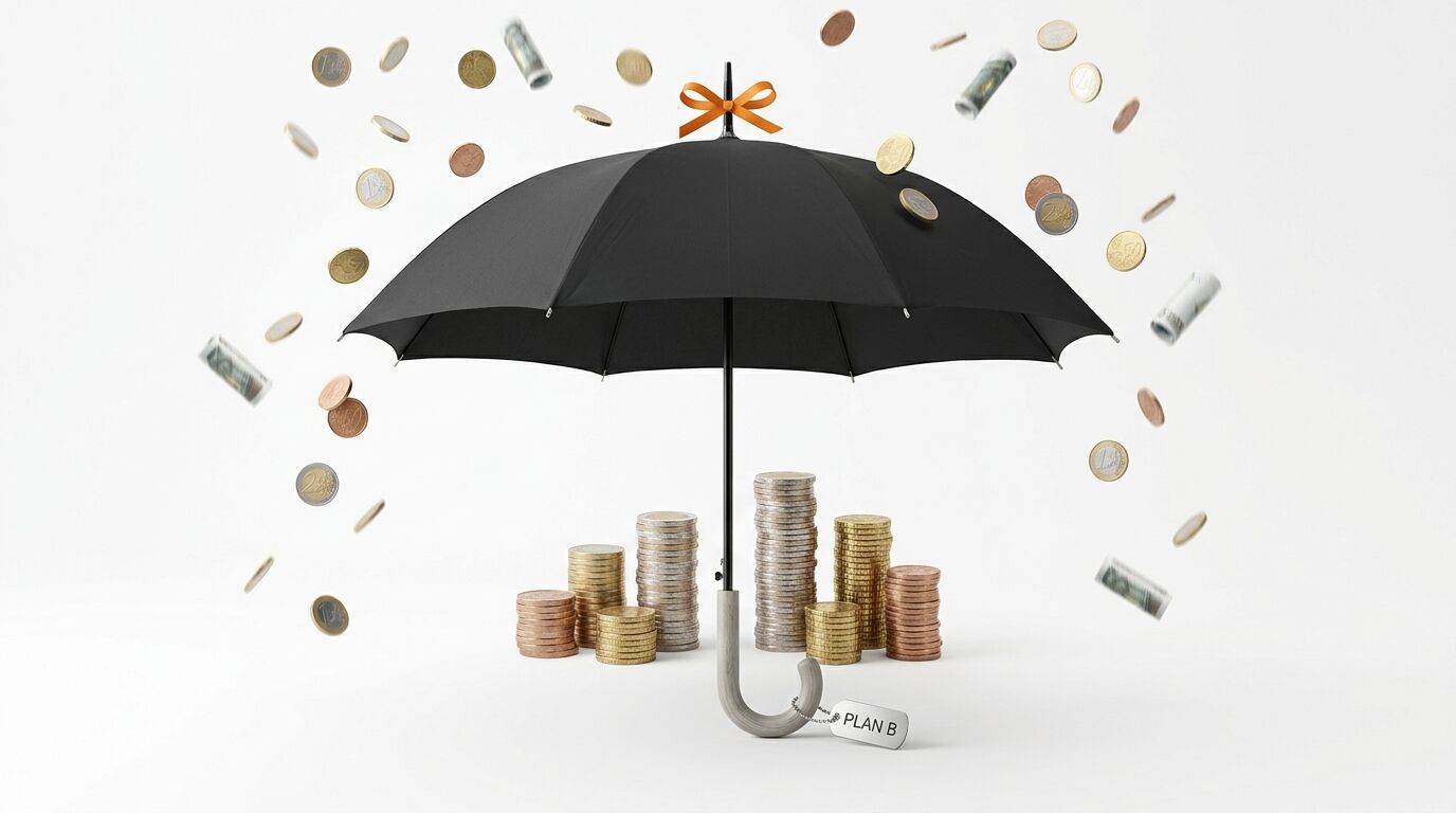 Ein schwarzer Regenschirm schützt Münzstapel vor fallendem Geld. Ein Anhänger zeigt
