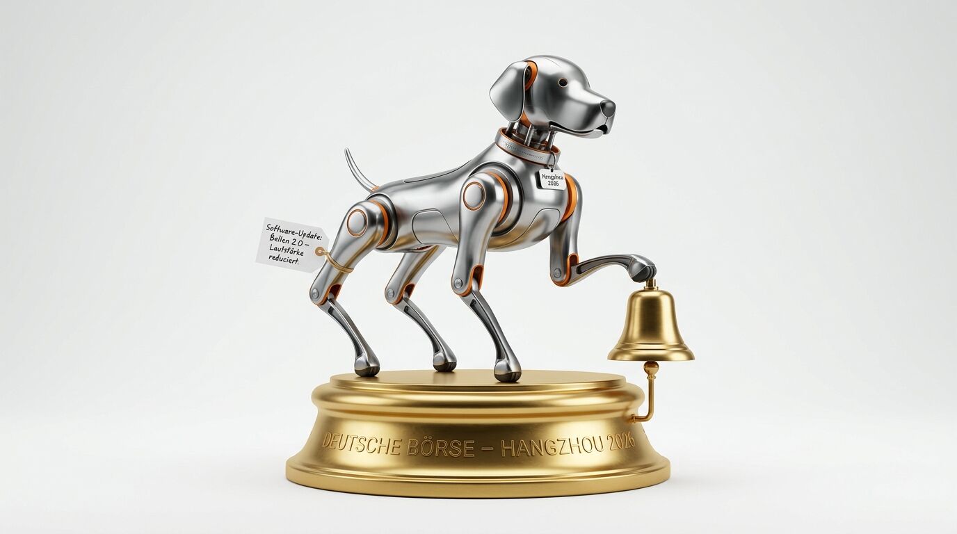Ein Roboterhund auf einem goldenen Sockel läutet eine goldene Glocke