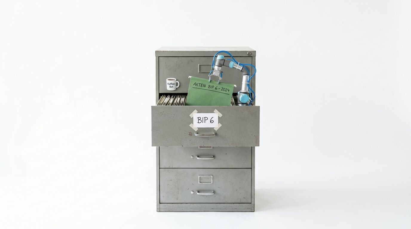 Roboterarm zieht Akte aus grauem Metallschrank