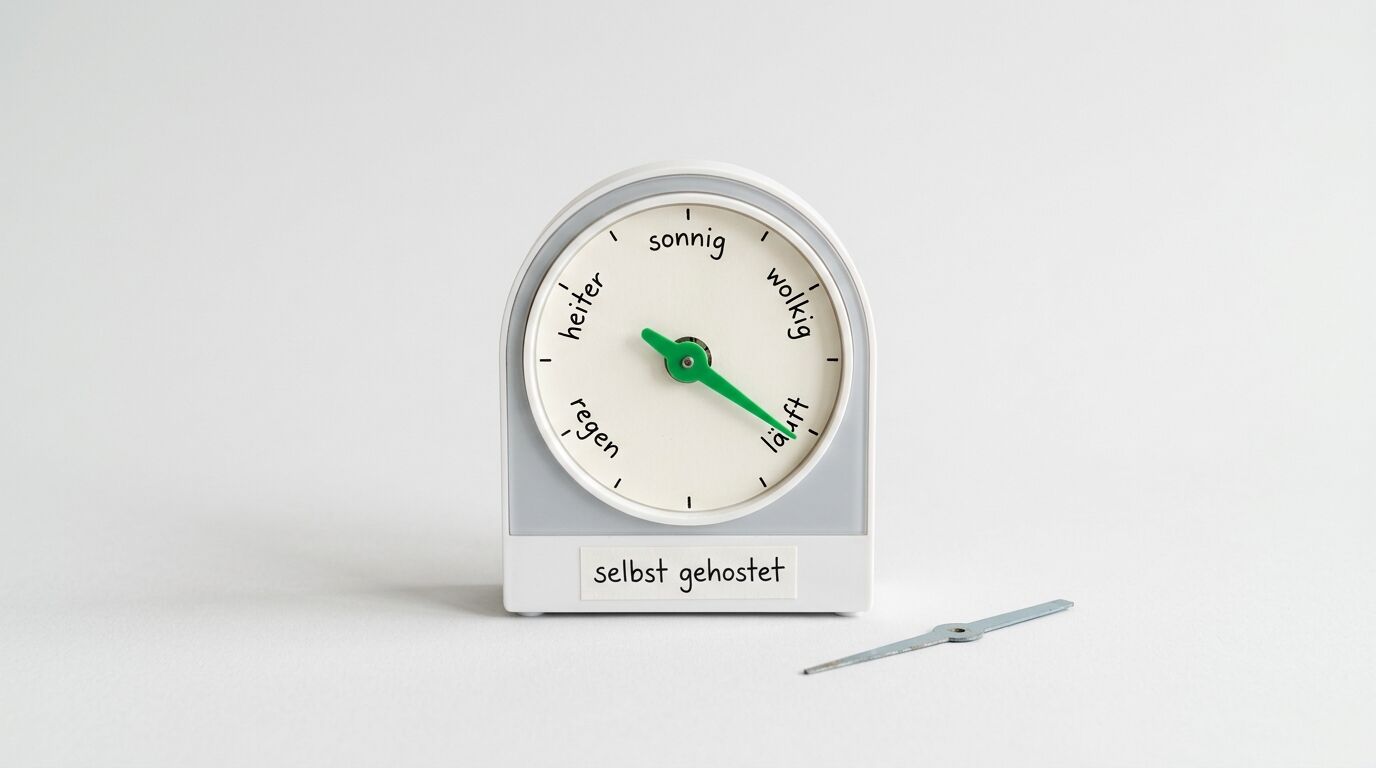 Ein Barometer mit deutscher Beschriftung und dem Etikett „selbst gehostet“ vor weißem Hintergrund