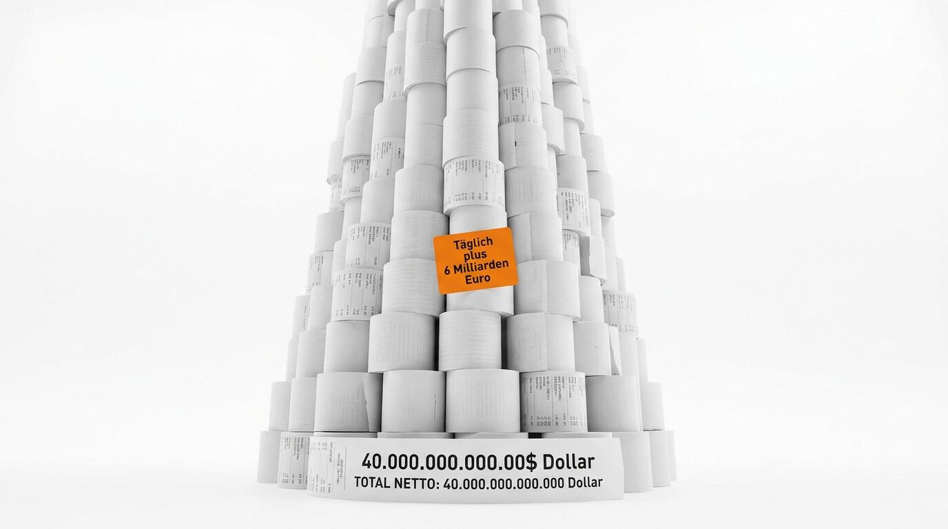 Pyramide aus Kassenrollen mit orangefarbenem Schild und einem Gesamtwert-Banner unten
