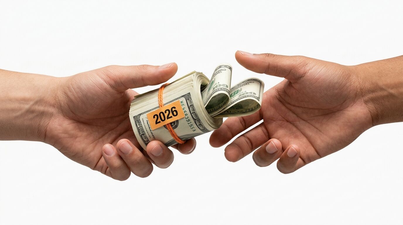 Hand übergibt Dollarrolle mit Etikett „2026“ an andere Hand vor weißem Grund