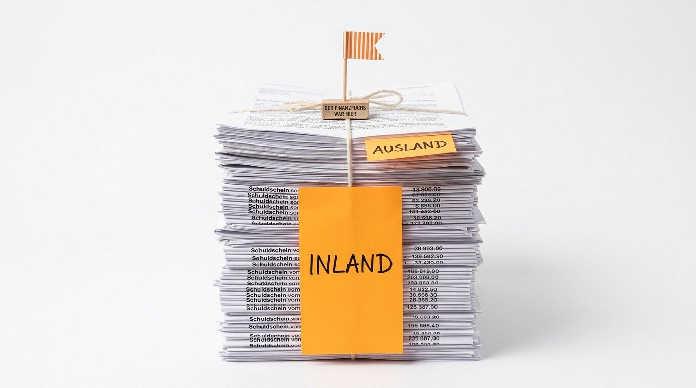 Papierstapel mit Kordel, Fähnchen „Der Finanzfuchs war hier“ und Etiketten „INLAND“ und „AUSLAND“
