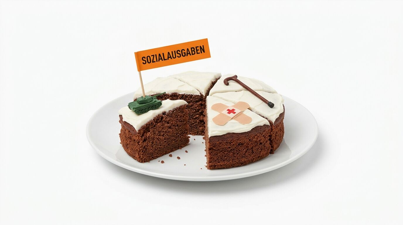 Torte mit Panzer, Spazierstock und Pflaster; Flagge „Sozialausgaben“ auf weißem Grund