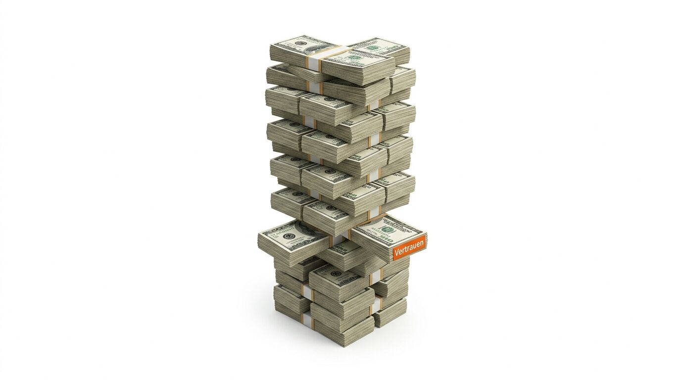 Ein Jenga-artiger Stapel aus US-Dollarbündeln, ein Holzstein mit Aufschrift „Vertrauen“ ist integriert