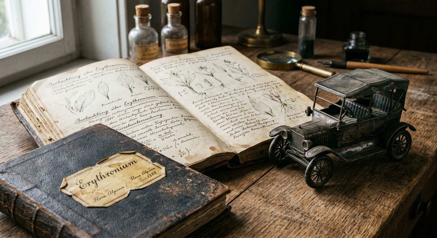 Zwei alte Botanik-Bücher und eine Spielzeug-Oldtimer-Kutsche auf Holztisch mit Fläschchen