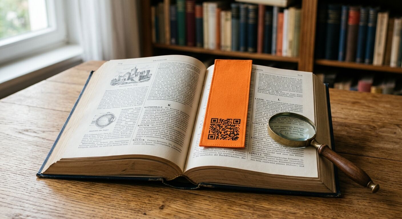 Altes Buch offen auf Holztisch mit QR-Code-Lesezeichen und Lupe
