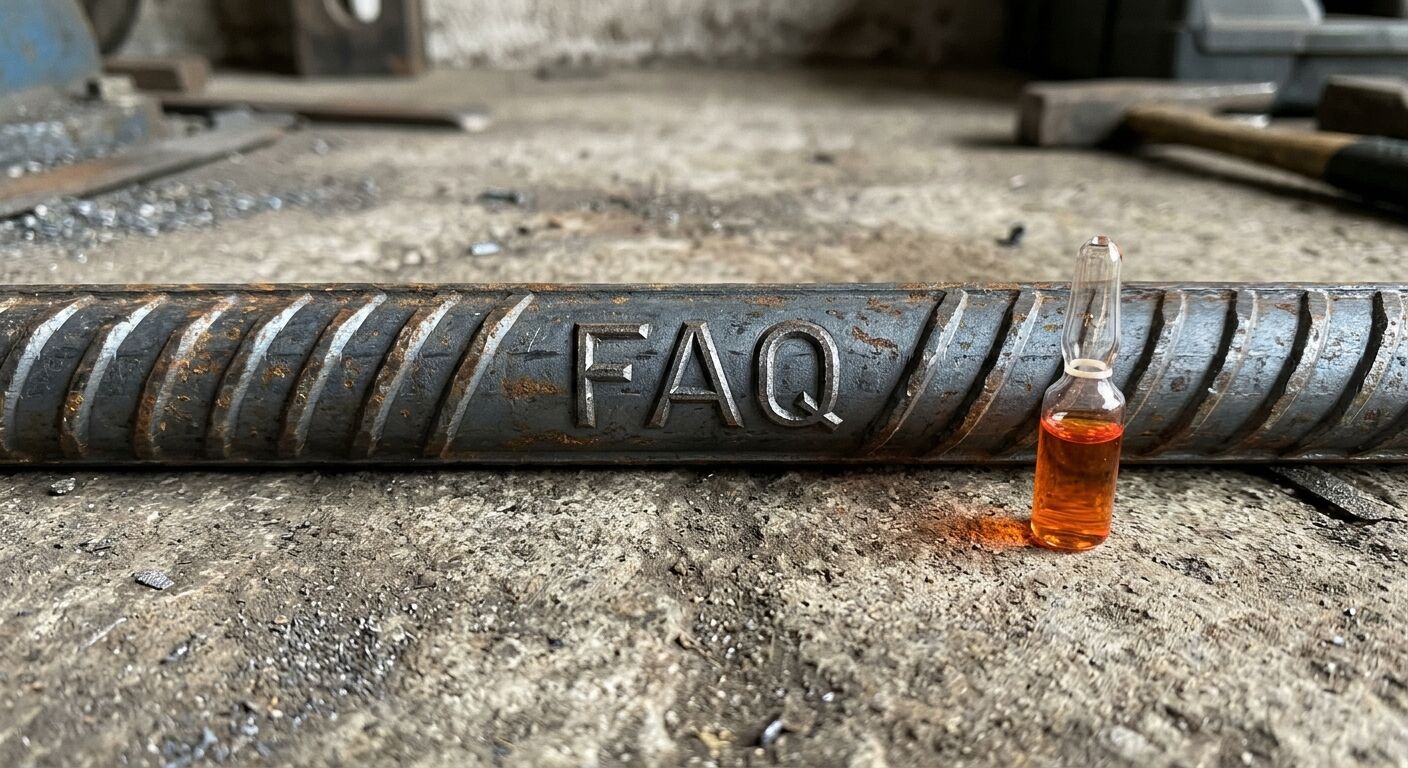 Rostiger Bewehrungsstahl mit Aufschrift FAQ und Glasampulle daneben auf Betonboden