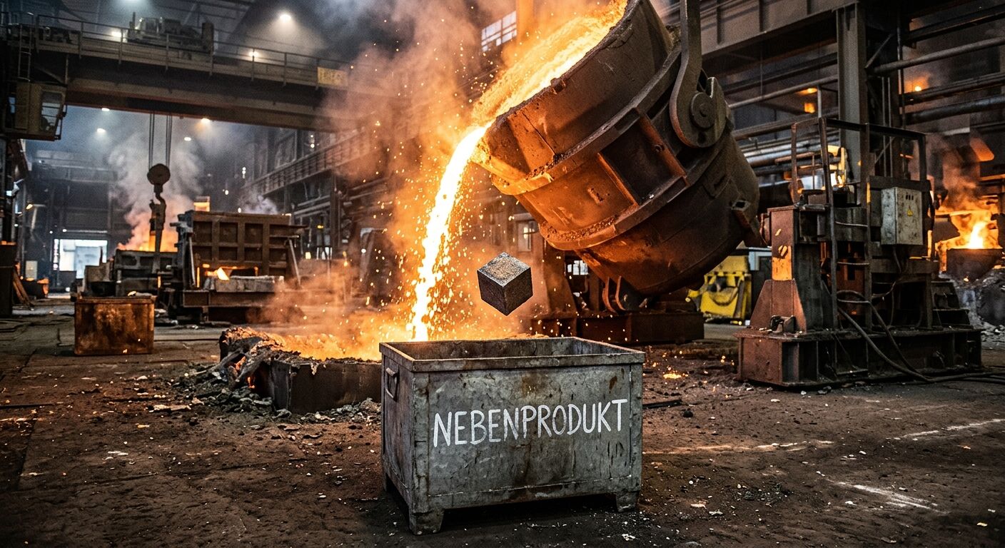 Stahlwerk, Gießen von Flüssigmetall, Kiste mit Aufschrift NEBENPRODUKT