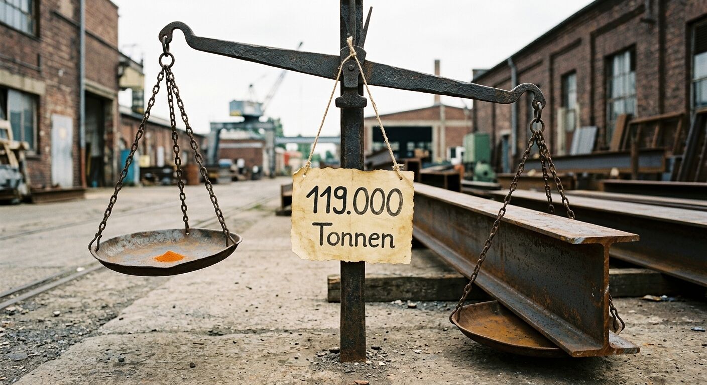 Eine Waage vergleicht ein wenig Pulver mit einem schweren Stahlträger vor Industriegebäuden