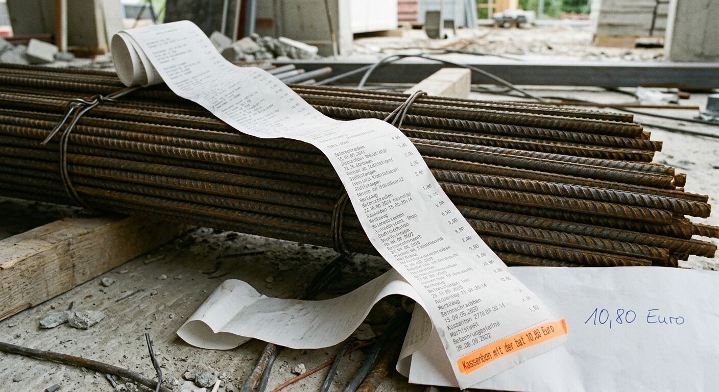 Langer Kassenbon liegt auf gerostetem Betonstahl-Bündel; handschriftliche Notiz „10,80 Euro“