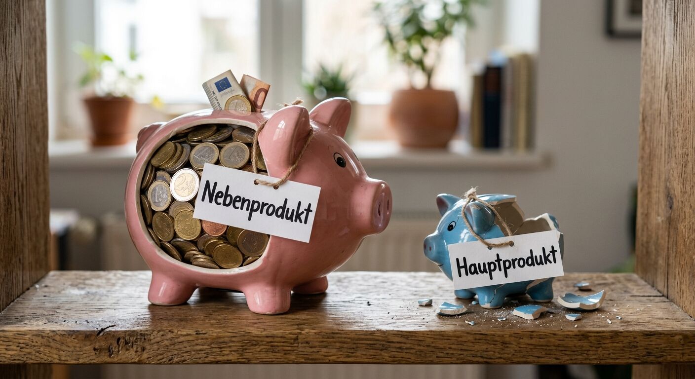 Volles Sparschwein „Nebenprodukt“ neben zerbrochenem leeren Sparschwein „Hauptprodukt“