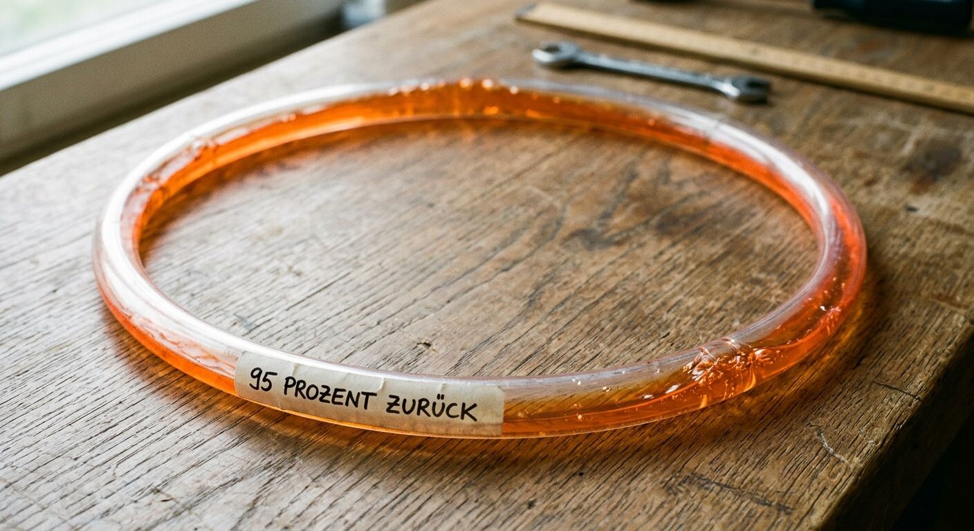 Ein transparenter Ring mit orangefarbener Flüssigkeit und dem Etikett „95 PROZENT ZURÜCK“