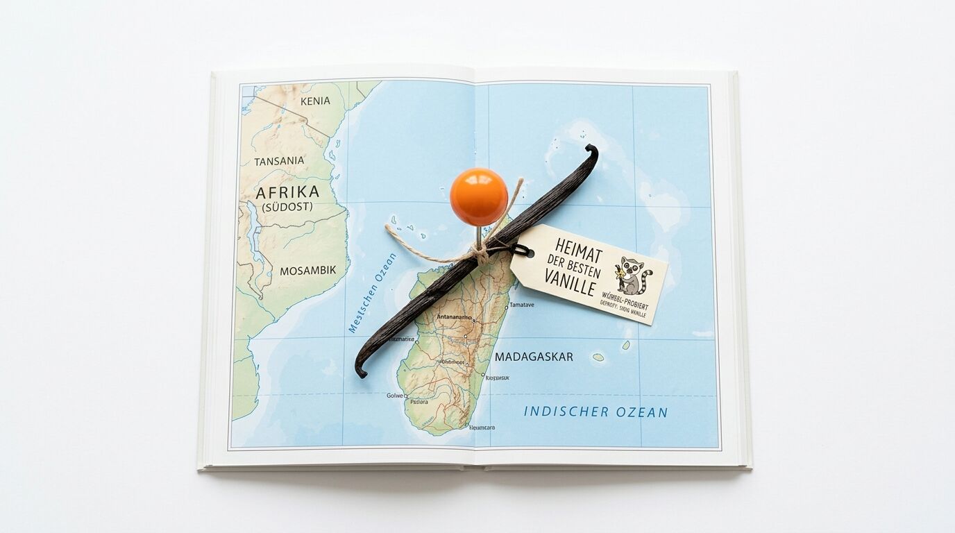 Auf einer Landkarte von Madagaskar liegen Vanilleschoten, ein orangefarbener Pin und ein Anhänger