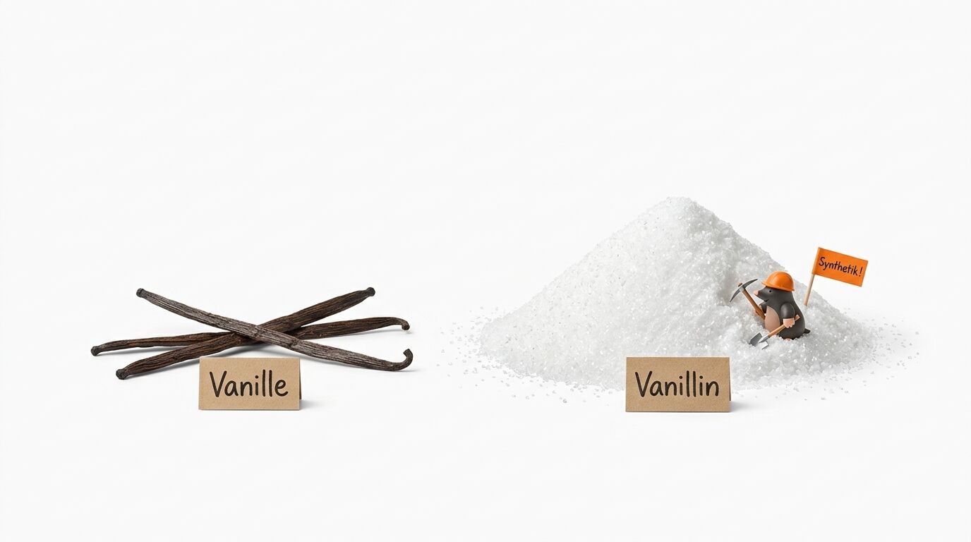Vanilleschoten neben Vanillinzuckerhaufen mit Maulwurf und Schild „Synthetik!“ auf weiß