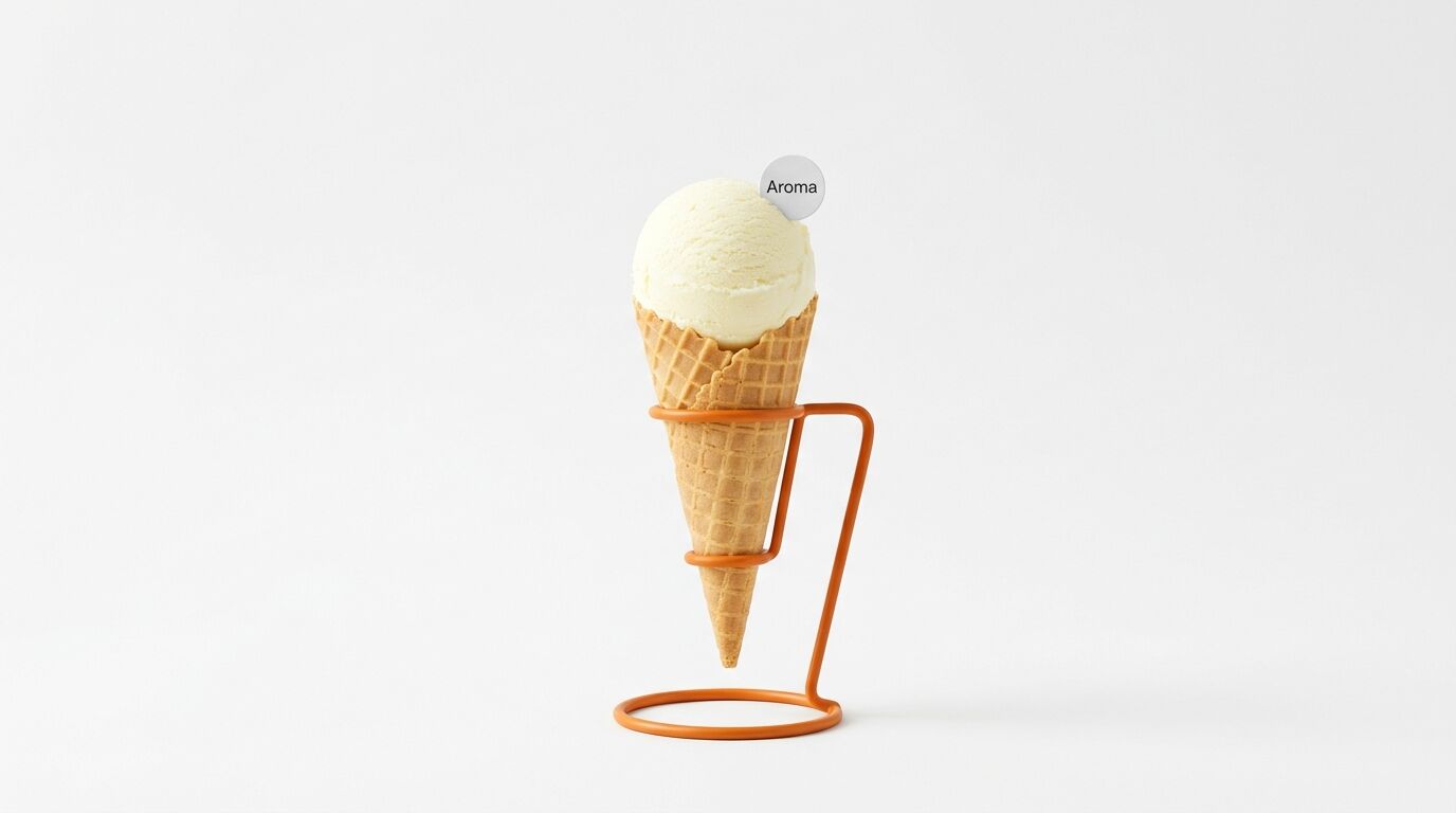 Vanilleeiswaffel in orangefarbenem Halter mit weißem Stecker „Aroma“ auf weißem Grund