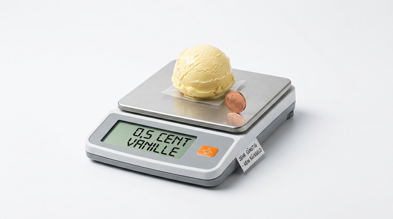 Digitalwaage mit einer Kugel Vanilleeis und einer 1-Cent-Münze auf der Wiegefläche, vor weißem Hintergrund. Die Anzeige der Waage zeigt