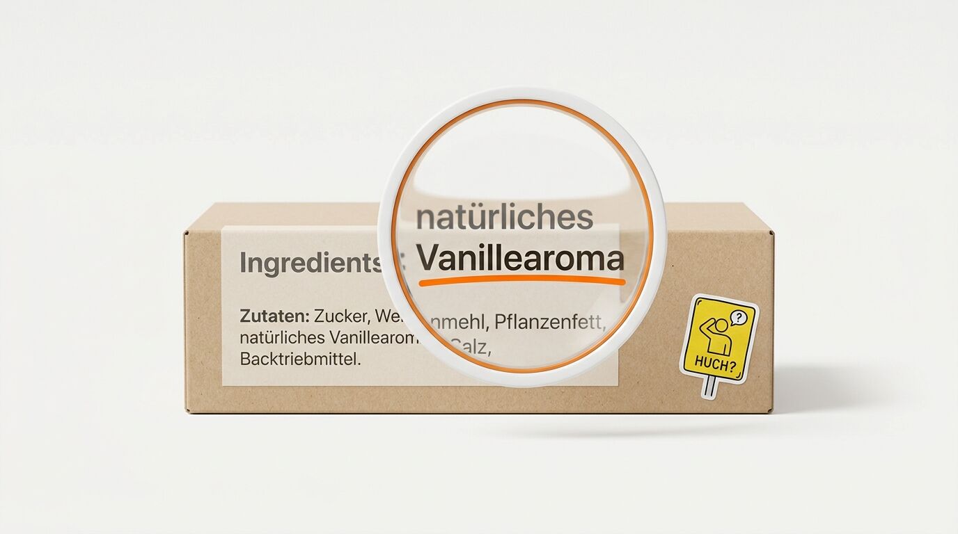 Lupe vergrößert Text auf Karton, daneben ein gelber Sticker mit Fragezeichen