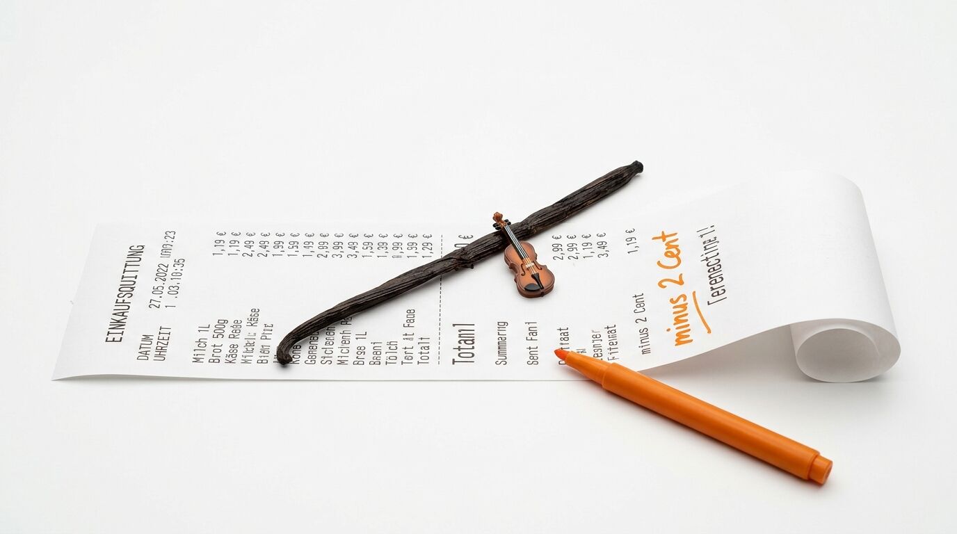 Ein Einkaufszettel mit Vanilleschoten, einer Miniaturgeige und einem orangefarbenen Filzstift