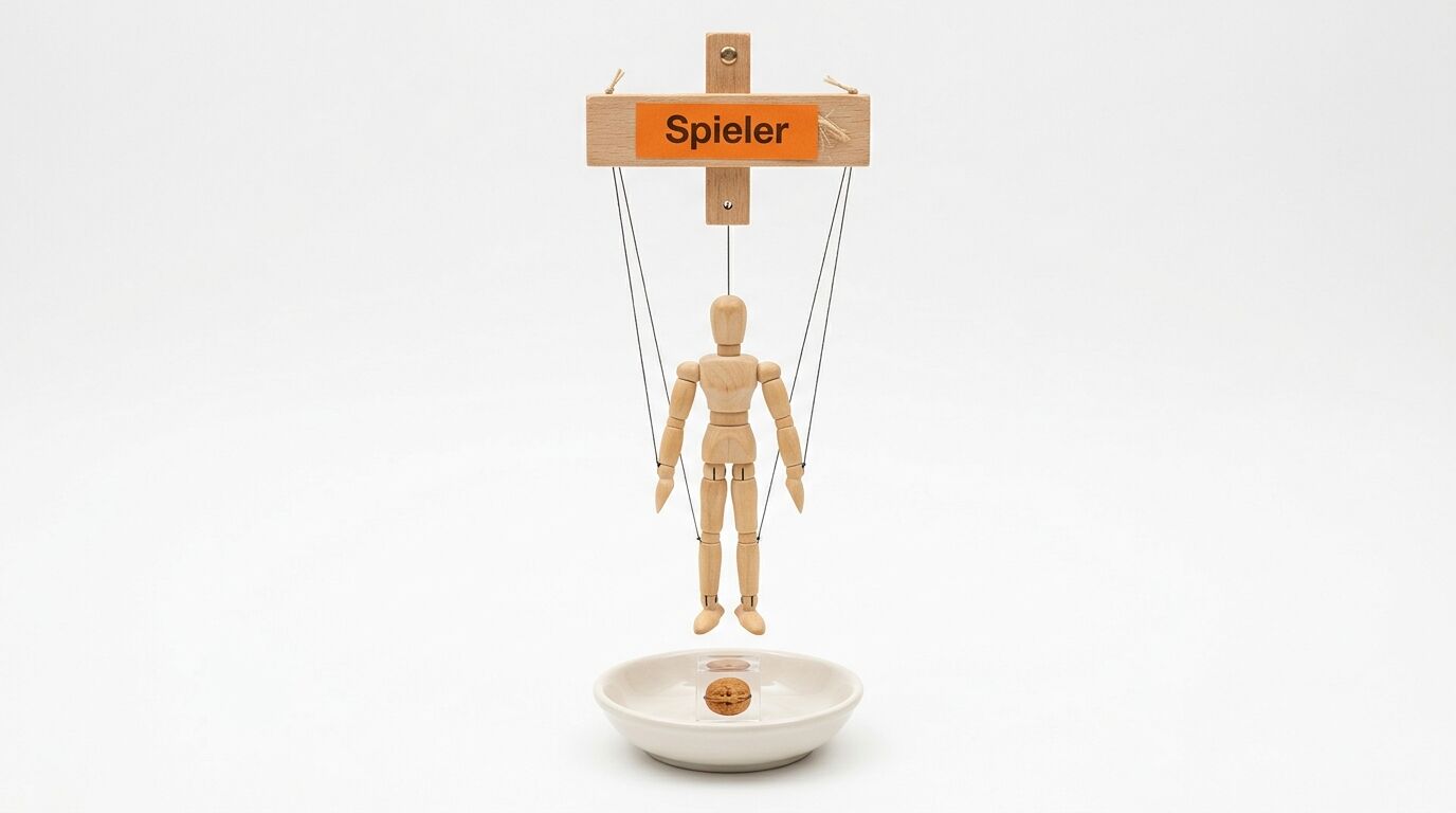 Gliederpuppen-Marionette mit Schild „Spieler“ über Schale mit Walnuss, vor Weiß