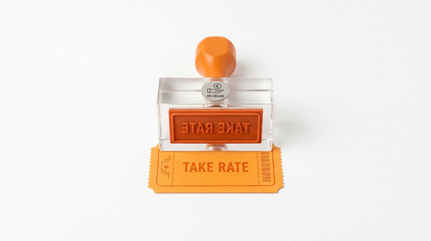 Stempel, der den Begriff „TAKE RATE“ auf ein orangefarbenes Ticket stempelt, auf weißem Grund