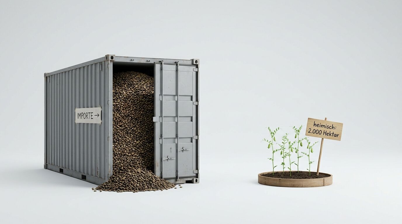 Voller Importcontainer mit Linsen neben kleiner Kichererbsenpflanze auf Erde mit Hinweisschild