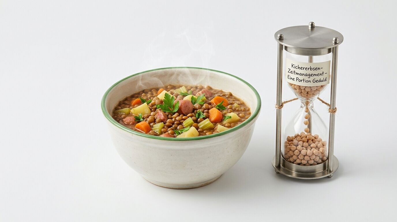 Dampfende Schüssel Linsensuppe neben einer mit Kichererbsen gefüllten Sanduhr